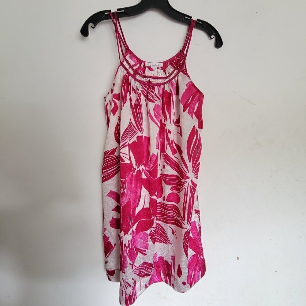 Oscar De La Renta Pink Floral Tropical Sleeveless Strappy Shift Mini Dress Small